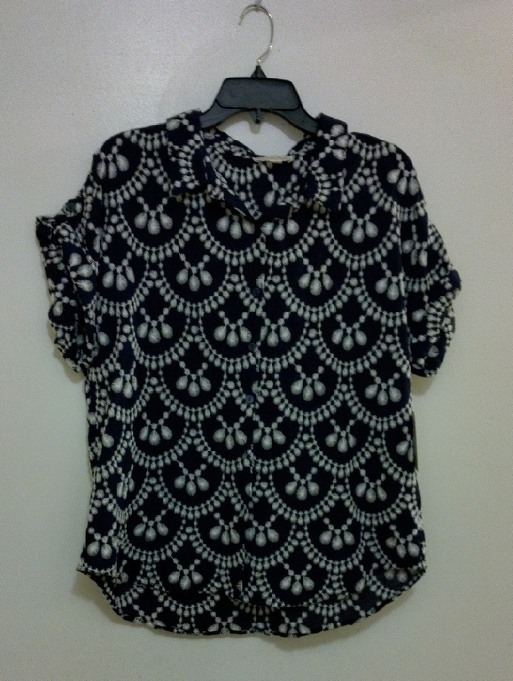 Fig & Flower Navy & White Patterned Short-Sleeve Blouse XL